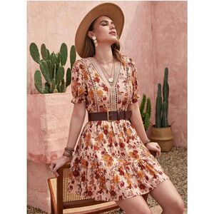 Rusttydustty Bohemian Dress Fall Floral Print Puff Sleeve Dress, M, NWT